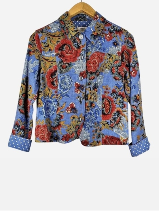 Coldwater Creek Jackets & Blazers - Coldwater Creek Blue Floral Linen Rayon Jacket Polka Dot Lined Size PM